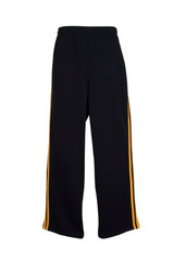 Black track pants featuring yellow side stripes and an elasticised waistband. The pants have a logo on them.