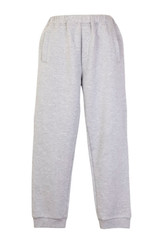 Grey junior track pants with an elastic waistband and side pockets, featuring a logo on the fabric.