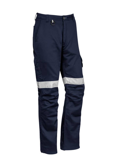 Navy work pants with reflective tape and pockets, designed for rugged wear. Features a logo on the waistband.
