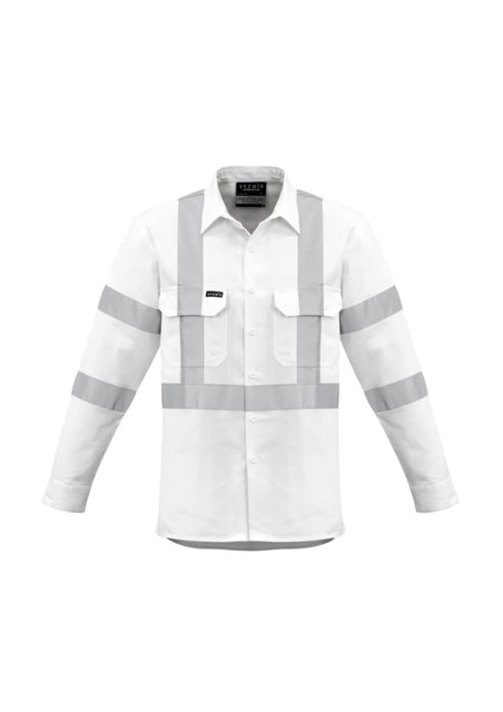 A white long sleeve work shirt with reflective strips, featuring two front pockets and a logo on the chest.