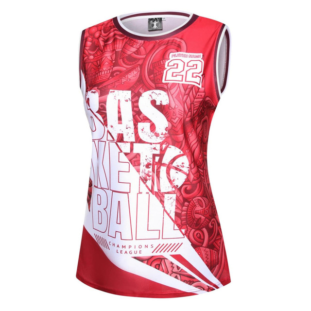 A red women's basketball singlet with graphic designs and a logo, featuring a sleeveless style and a sporty cut.