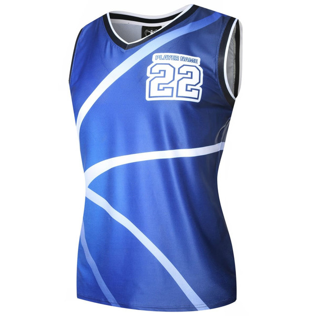 A blue basketball uniform man singlet featuring white patterns and a logo. Designed for performance and comfort.