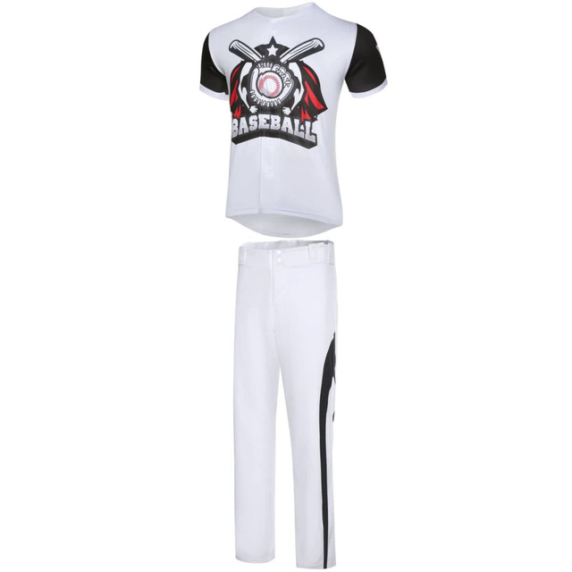 White baseball jersey with black sleeves and graphic design, paired with white pants featuring black accents.