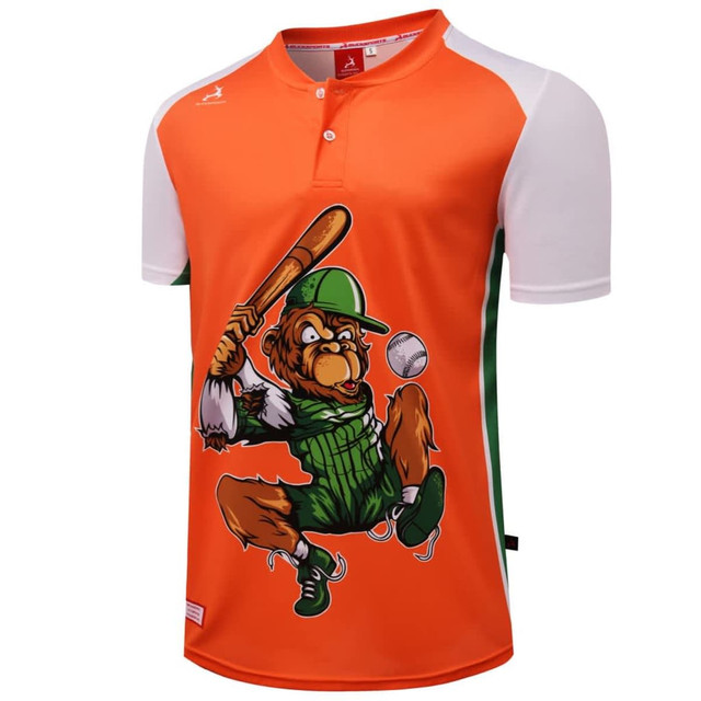 An orange baseball club shirt with short white sleeves and a graphic of a monkey playing baseball.