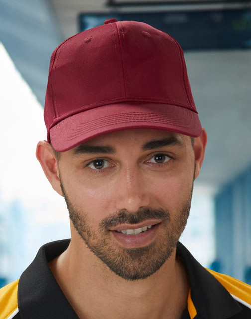 A red polycotton twill cap with a structured design and a front panel. It features a logo on the side.