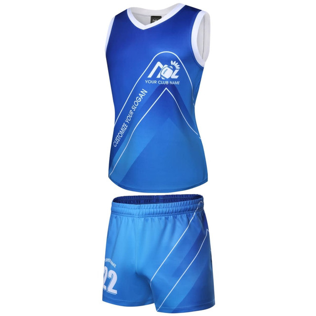 A blue women's beach shirt with a sleeveless design and matching blue shorts. Includes a logo or branding.