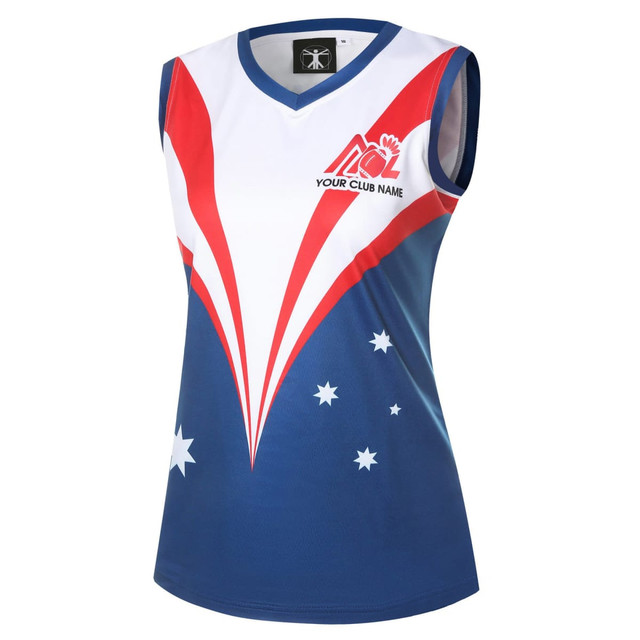 A sleeveless women's singlet in blue, red, and white featuring a pattern of stars and a logo.