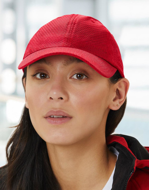 A white athletic mesh cap featuring a rounded crown and a stiff peak, complete with a logo.