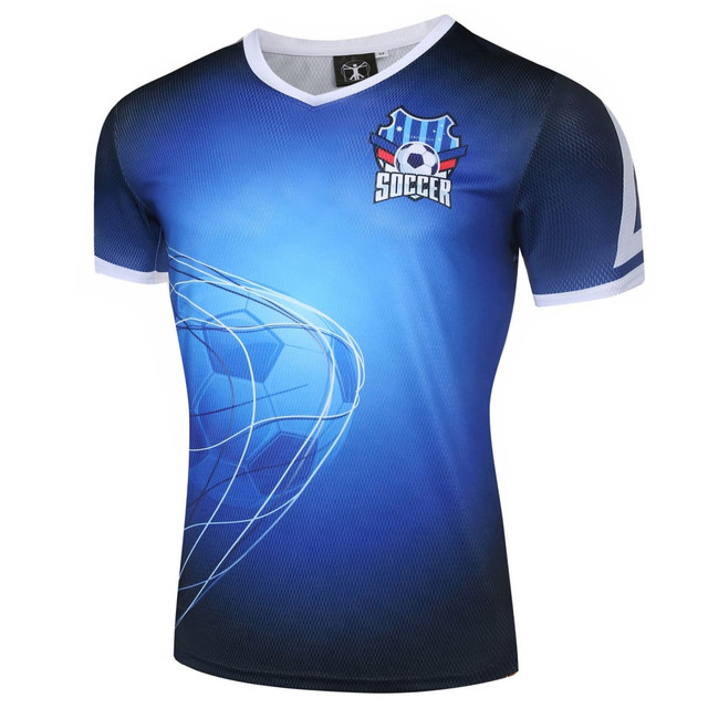 A blue soccer uniform t-shirt featuring a graphic design and a logo on the chest.