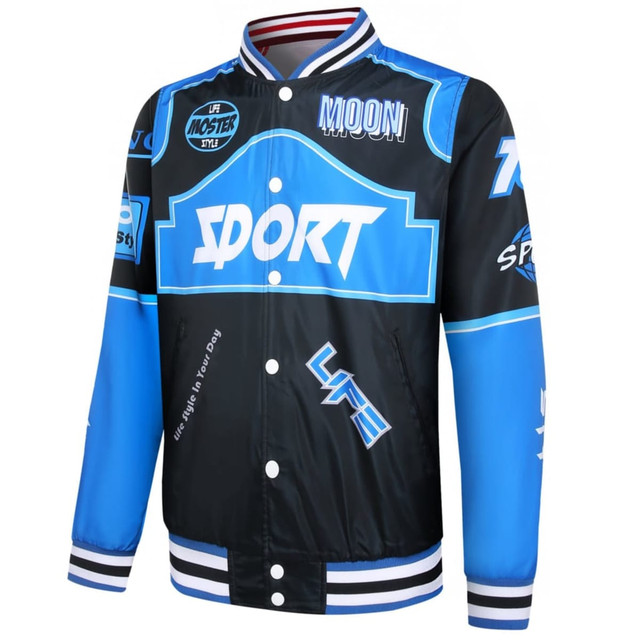 A reversible varsity jacket in black and blue with contrasting stripes and a logo.