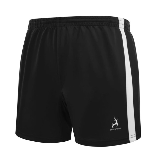 Black rugby shorts with a white stripe and a logo on the lower left side.