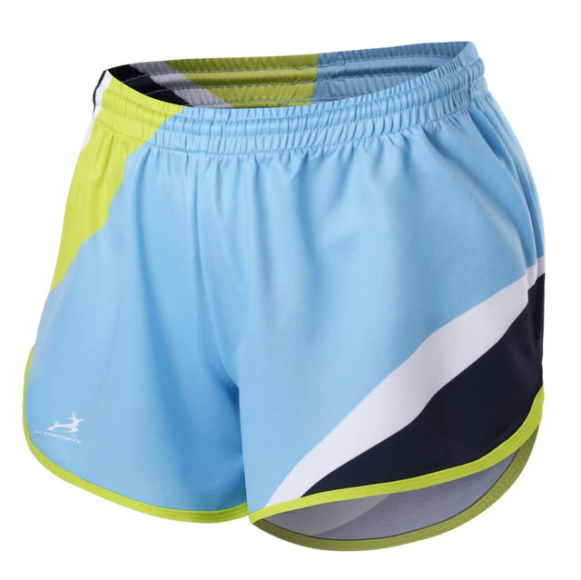 Athletics shorts in blue, lime green, and black with a split side design and a branding logo.