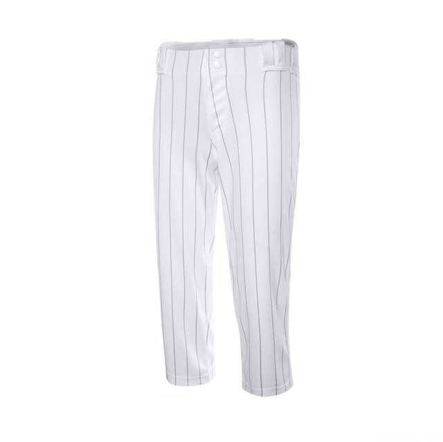 Cropped pants in white with vertical pinstripes, featuring a button closure and waistband. Includes a logo.