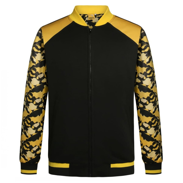 A black jacket with yellow accents and patterned sleeves featuring a camouflage design. It has a zipper and a collar.