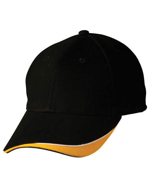 A black cap featuring a yellow peak and an understated logo on the front.