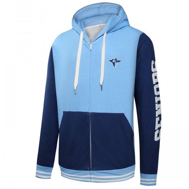 A light blue and navy zip hoodie featuring a logo and the word "SENIORS" on the sleeve.