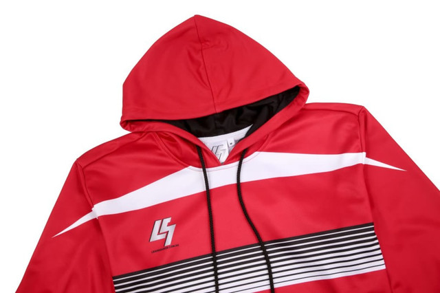 A red pullover hoodie featuring white stripes and a logo, with a hood and drawstring detail.