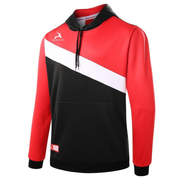 A red and black custom design hoodie with a white diagonal stripe and a front pocket. It features a logo.