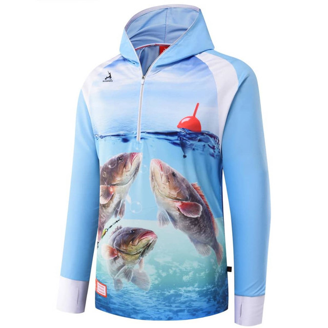 A light blue hoodie featuring an aquatic design with fish and a bobber, complete with a logo.