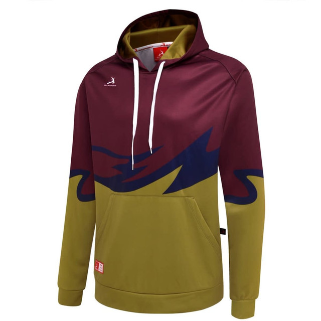 A hoodie featuring a maroon, blue, and olive green design, with a logo on the chest and a drawstring hood.