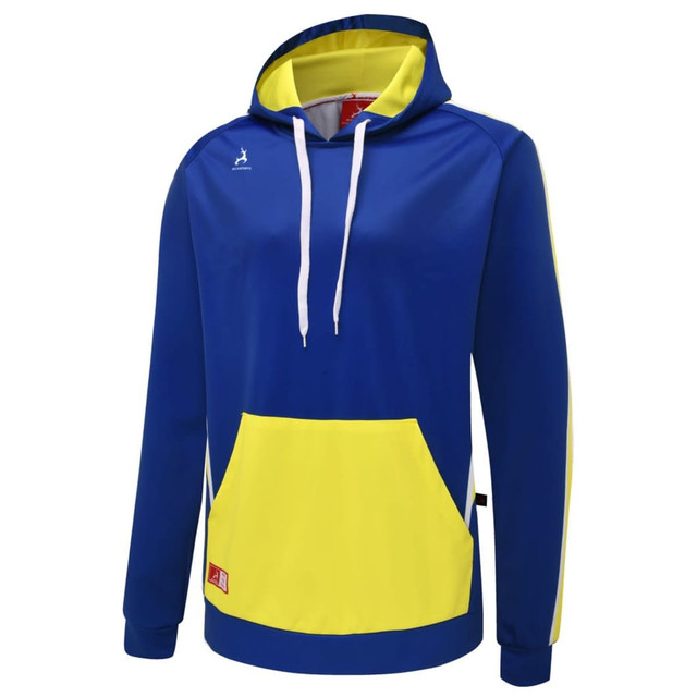 A blue and yellow custom soccer hoodie with a kangaroo pocket and a logo on the upper left.