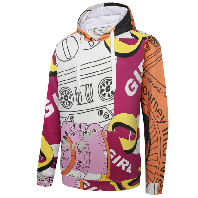 A multicoloured hoodie featuring various graphic prints, including a cassette tape and bold text, with a hood and drawstrings.