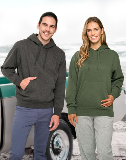 A white fleece hoodie with a front pocket is worn by a male and female model, showcasing the product's fit and style.