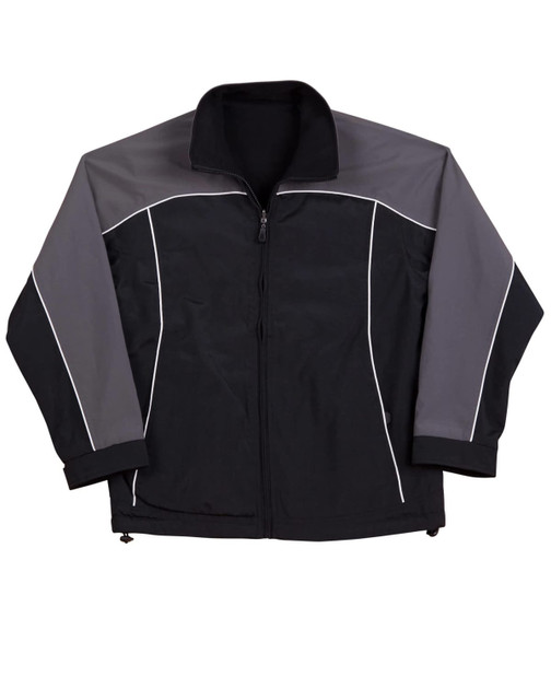 A black and grey reversible jacket with white contrast stitching and a zip closure. It features a logo on the chest.