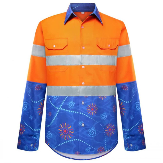 A bright orange and blue work shirt featuring reflective strips and a patterned design. The shirt has long sleeves and a collar.