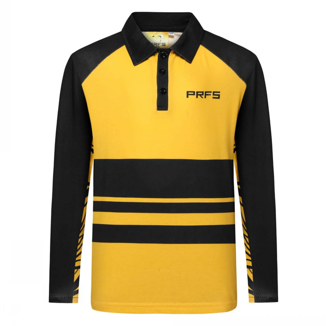A long-sleeved polo shirt featuring black and yellow panels with stripes. The shirt has a collar and buttons, with a logo.