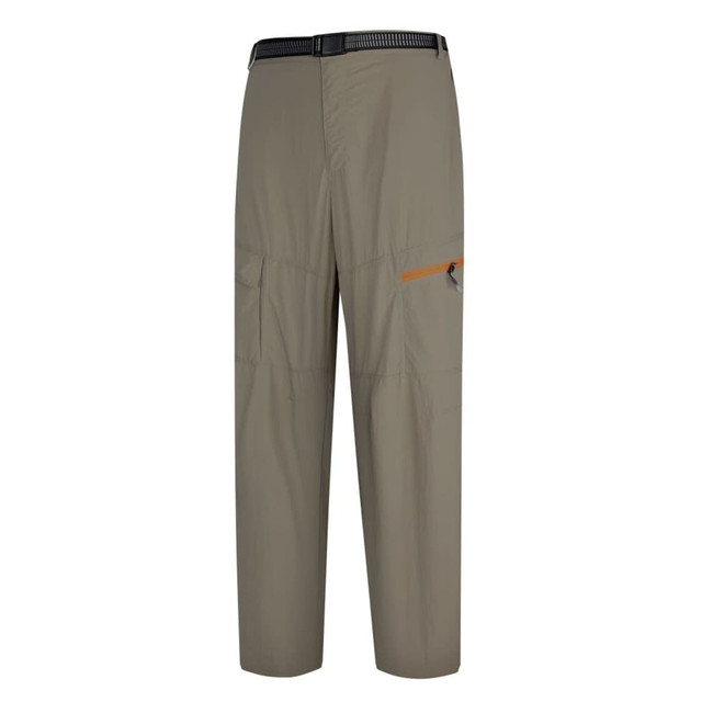 Windbreaker pants in light beige, featuring pockets and an orange zipper detail. Includes a waistband with a logo.