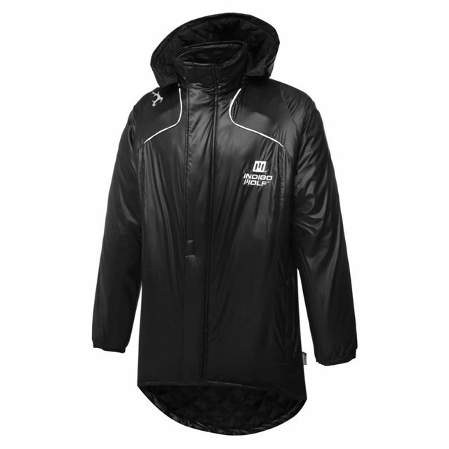 A black Manager Coat Jacket with a hood, featuring a logo and white accents.
