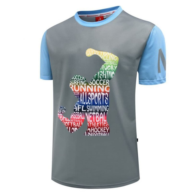 A grey and blue T-shirt featuring a colourful graphic made up of various sports-related words. It has a logo.