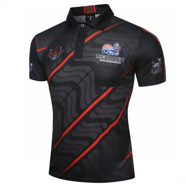A black and red mechanic engineer uniform polo shirt with a logo and intricate design patterns.