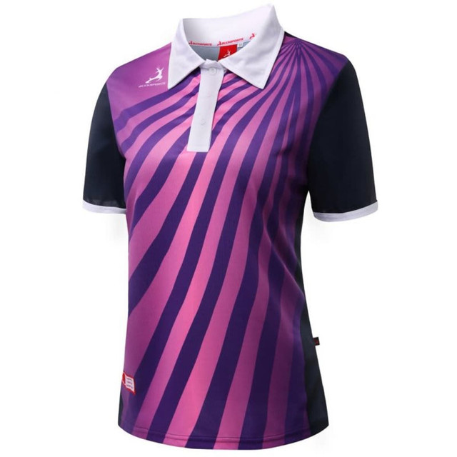 A polo shirt in purple and navy with a striped design, featuring a white collar and a logo.