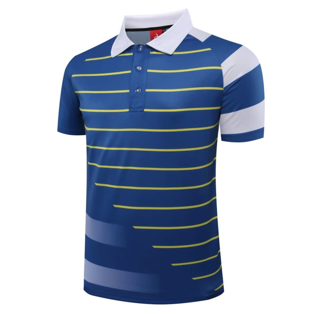A short-sleeved polo shirt featuring blue and white stripes with green accents and a collar. It has a logo on the chest.