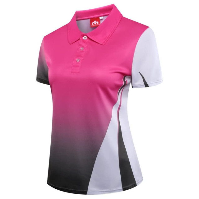 A pink and white women’s polo shirt featuring a gradient design and a logo on the collar.