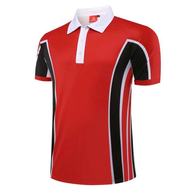 A red polo shirt featuring black and white accents, with a collar and buttons, and a logo on the front.