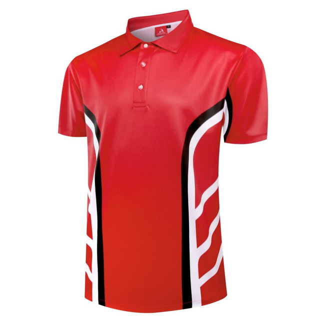 A red polo shirt with a white and black design. It has a collar and buttons. Includes a logo.