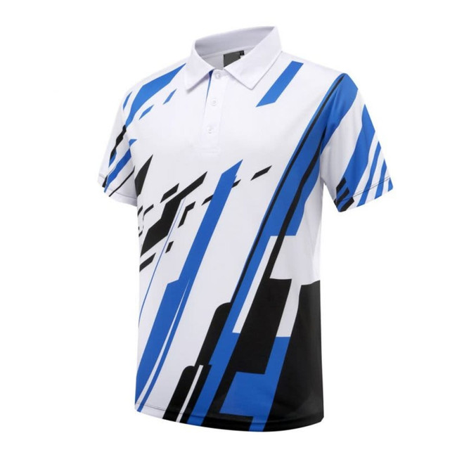 A polo shirt in blue, white, and black featuring a modern, abstract design and a small logo on the chest.