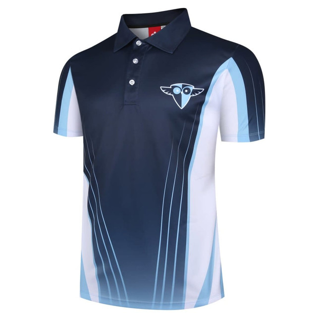 A navy and light blue polo shirt featuring a logo on the chest and a stylish design with varying shades.