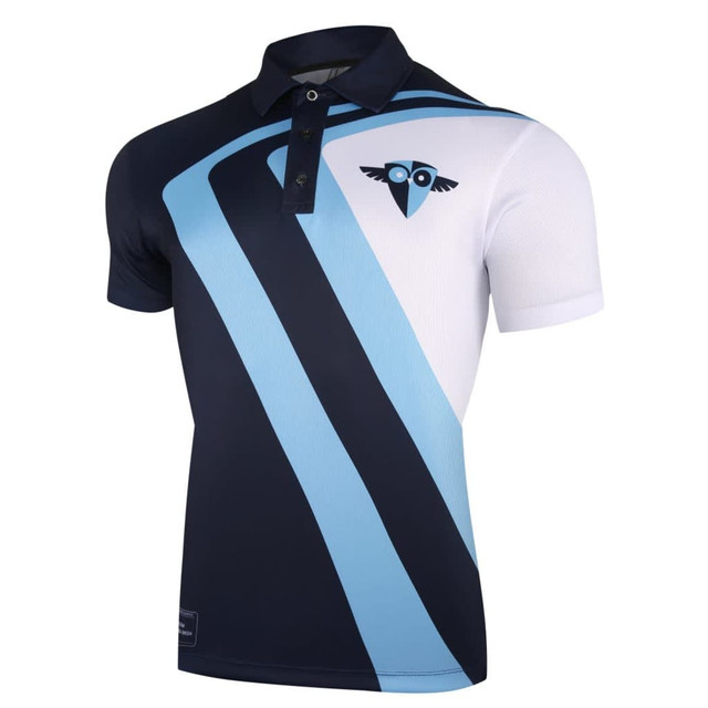 A navy and white polo shirt with a graphic design in light blue and a logo on the chest.