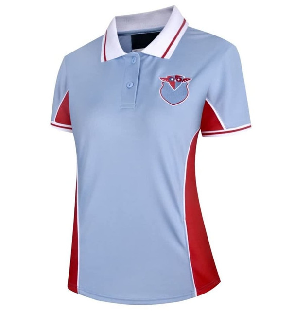 A light blue polo shirt with red side panels and a logo on the chest, featuring a classic collar and button placket.