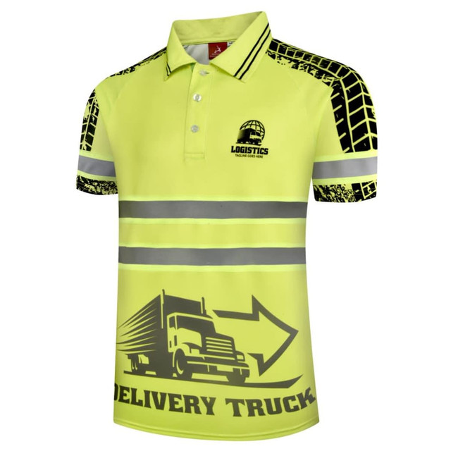 A high-visibility polo shirt in yellow with reflective stripes and a graphic design featuring a truck.