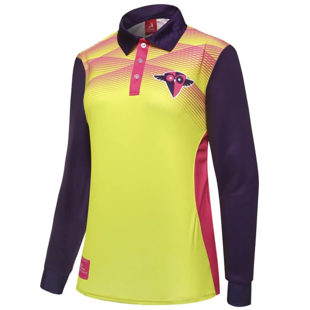 A fluorescent yellow polo shirt with purple sleeves and pink accents. Features a logo on the chest.