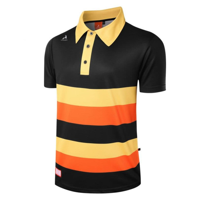 A striped polo shirt featuring black, yellow, and orange colours with a branded logo on the upper left side.
