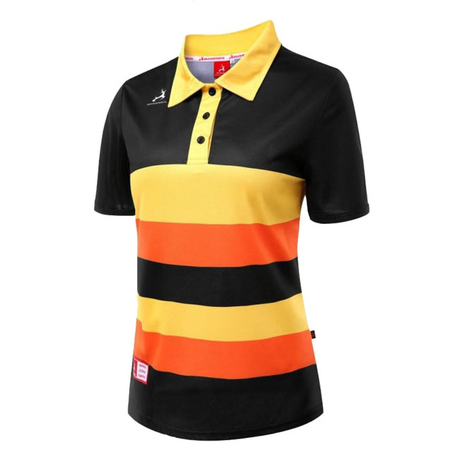 A women's polo shirt featuring horizontal black, yellow, and orange stripes, with a collar and logo.
