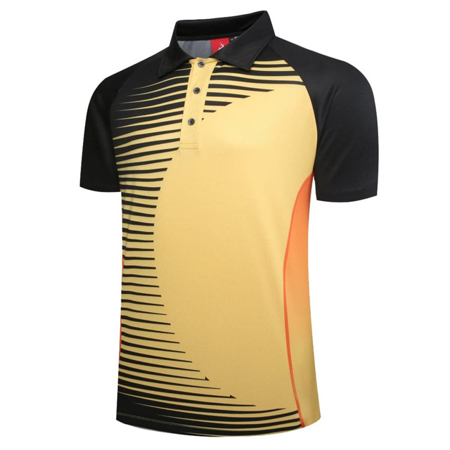 A custom club polo featuring a yellow and black design with an orange accent and a logo.