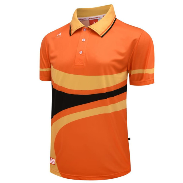 An orange polo shirt featuring black and yellow wave patterns, with a logo on the front.