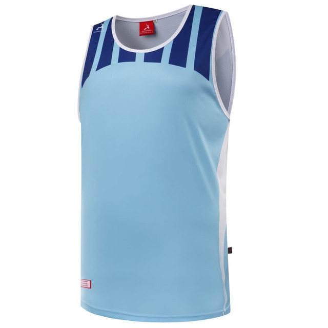 A light blue singlet featuring navy blue accents and a sporty design, with a logo on the upper section.